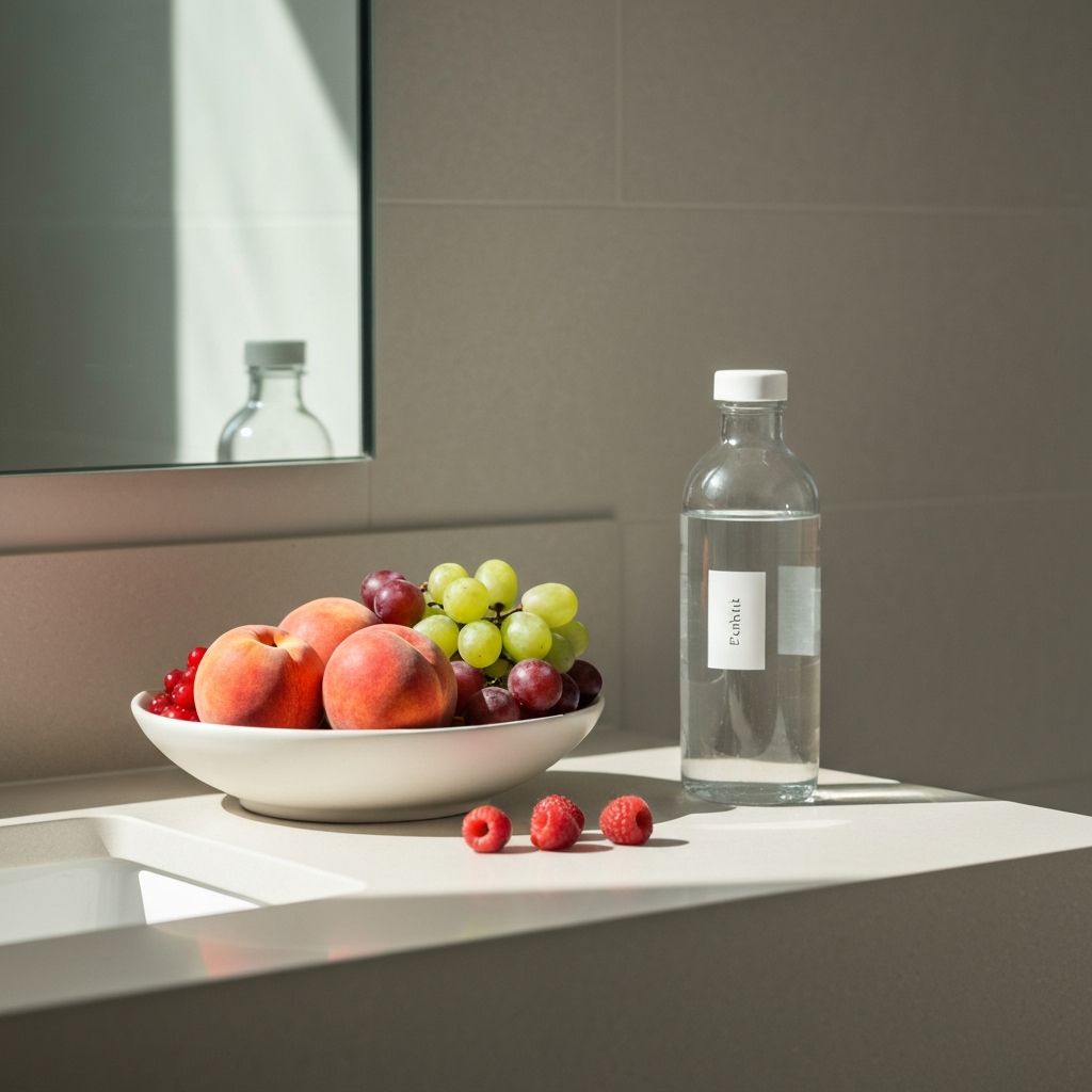 Керамичка posuda s voćem, boćica vode, dnevne navike, mirno jutro