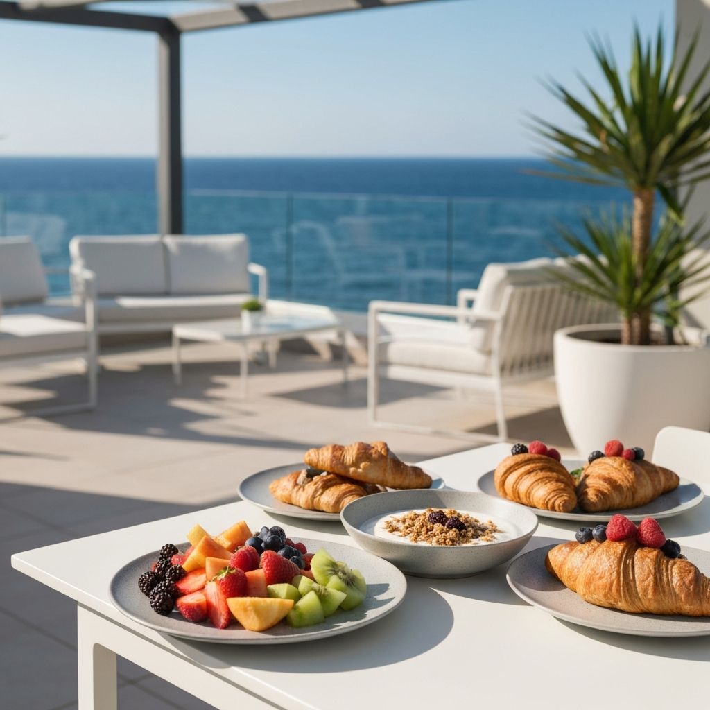 Brunch na modernoj terasi, raznovrsna jela, morska atmosfera